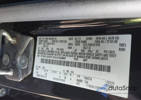 2013 Ford Escape Se из США, поврежденный, VIN 1FMCU0GX1DUC92885